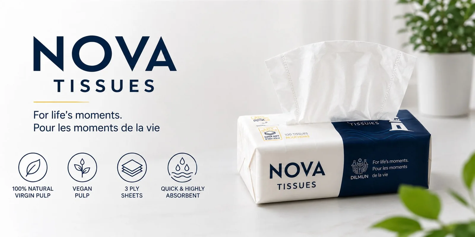Nova Tissues: 100% natural virgin pulp, vegan pulp, 3-ply sheets, quick and highly absorbent