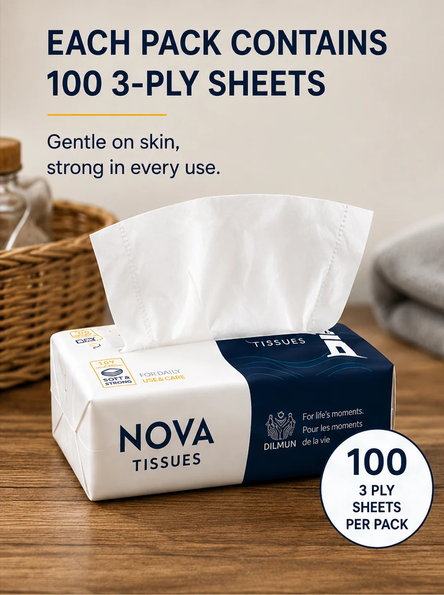 Each Nova Tissues pack contains 100 3-ply sheets