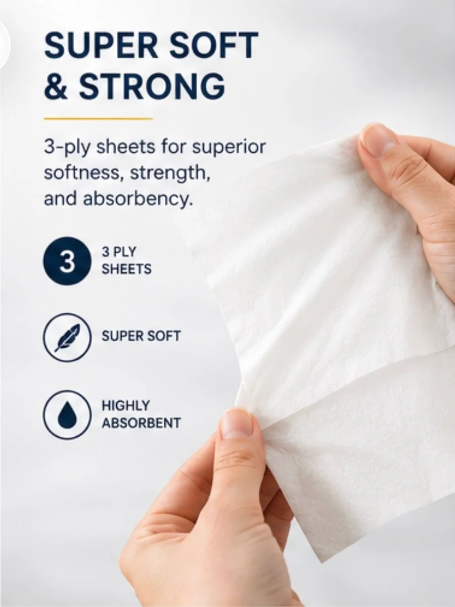 Super soft and strong 3-ply Nova Tissues sheet held in hand