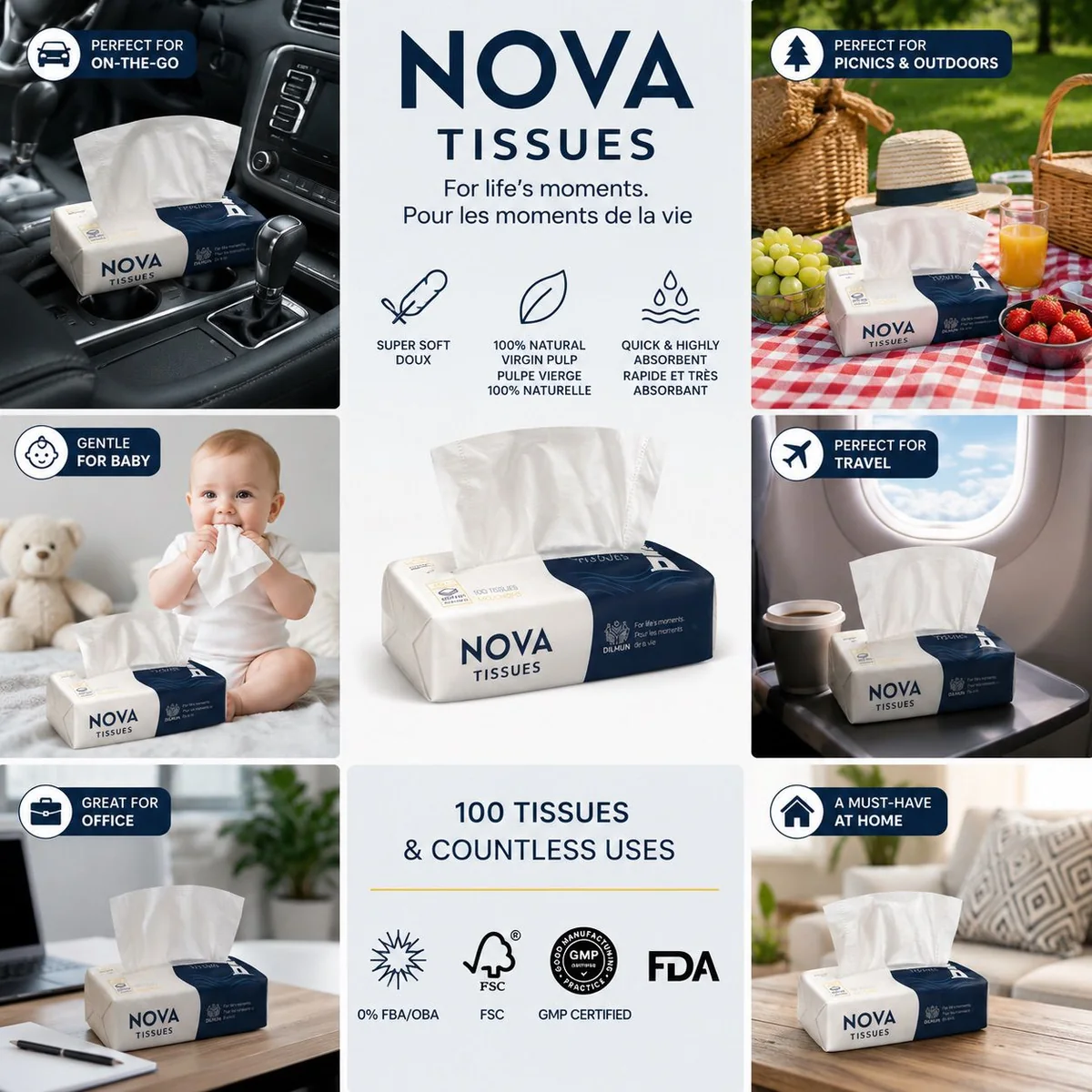 Nova Tissues in everyday use: on the go, picnics and outdoors, gentle for baby, travel, office and at home